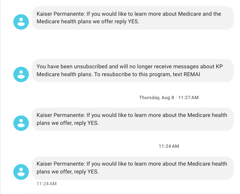 dclaar's tweet photo. Can I collect $$$ from @kpthrive for spamming me in spite of telling them NO? And for changing the originating phone number after I block them? https://t.co/e5Gzh0sjbq