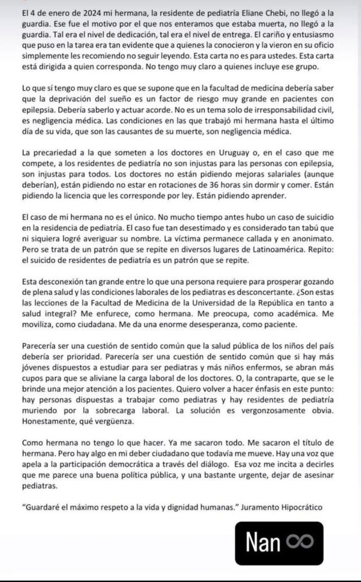 Esta carta, profundamente conmovedora y dolorosa, deja al descubierto una realidad que no debería pasar desapercibida: el precio altísimo que pagan quienes dedican su vida a cuidar la salud y bienestar de otros, particularmente los jóvenes médicos residentes o postgrados. La