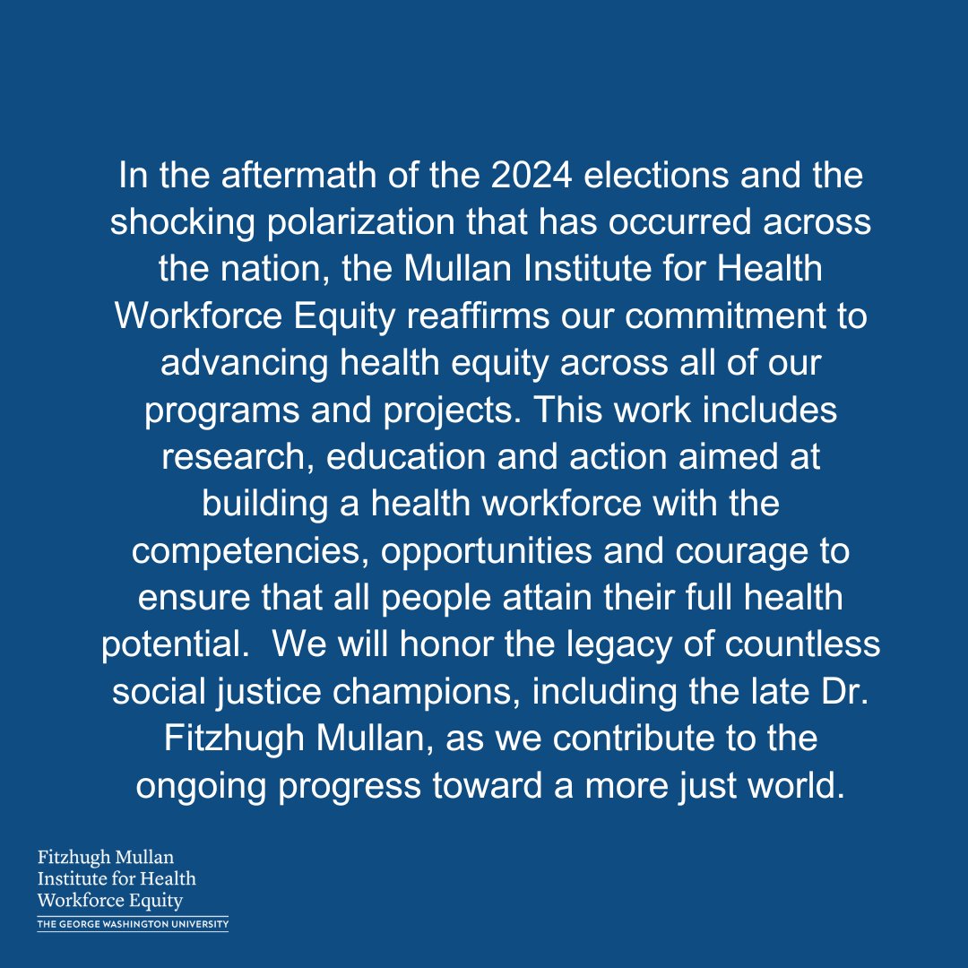 The Mullan Institute (GWMI) (@gw_workforce) on Twitter photo In the aftermath of the 2024 elections and the shocking polarization that has occurred across the nation, we reaffirm our commitment to advancing health equity across all of our programs and projects
<a href="/SocialMissionEd/">Social Mission Alliance</a>, <a href="/GWFellow/">Atlantic Fellows for Health Equity</a> In the aftermath of the 2024 elections and the shocking polarization that has occurred across the nation, we reaffirm our commitment to advancing health equity across all of our programs and projects
<a href="/SocialMissionEd/">Social Mission Alliance</a>, <a href="/GWFellow/">Atlantic Fellows for Health Equity</a>
