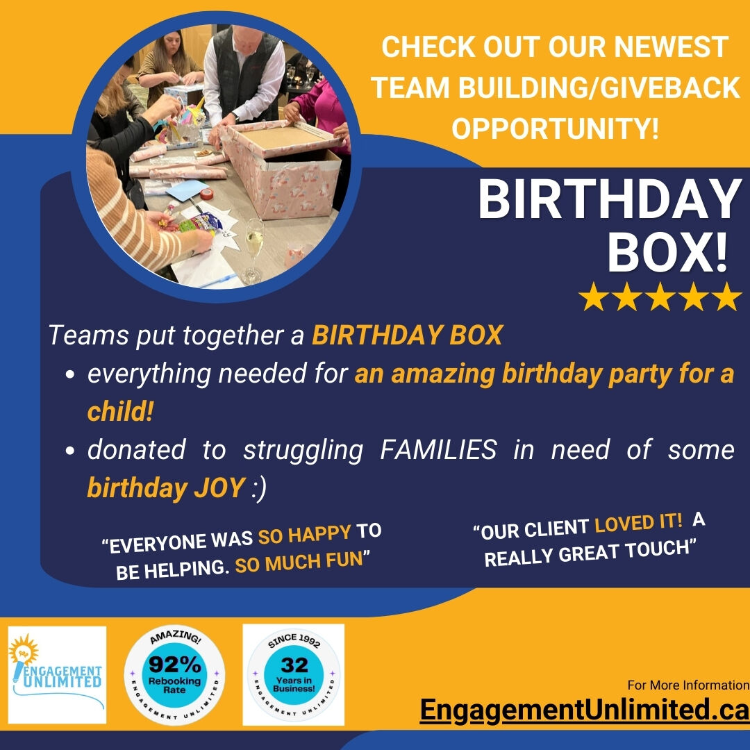 BIRTHDAY BOX! Perfect for holiday events! Be a HERO to a local family! 

Engagement Unlimited... where Engagement Meets Meaningful Fun!

Make a difference to a struggling family with a Birthday Party in a Box!