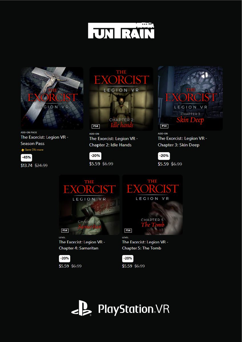 Still in the mood for a fright? There is still time to grab The Exorcist: Legion VR at a discount... 🕵️🔎

Explore the precinct, solve complex puzzles and find out what has taken over the Detective's world in this VR Horror classic! 👻👿

#VR #Games #Horror #PSVR #Sale