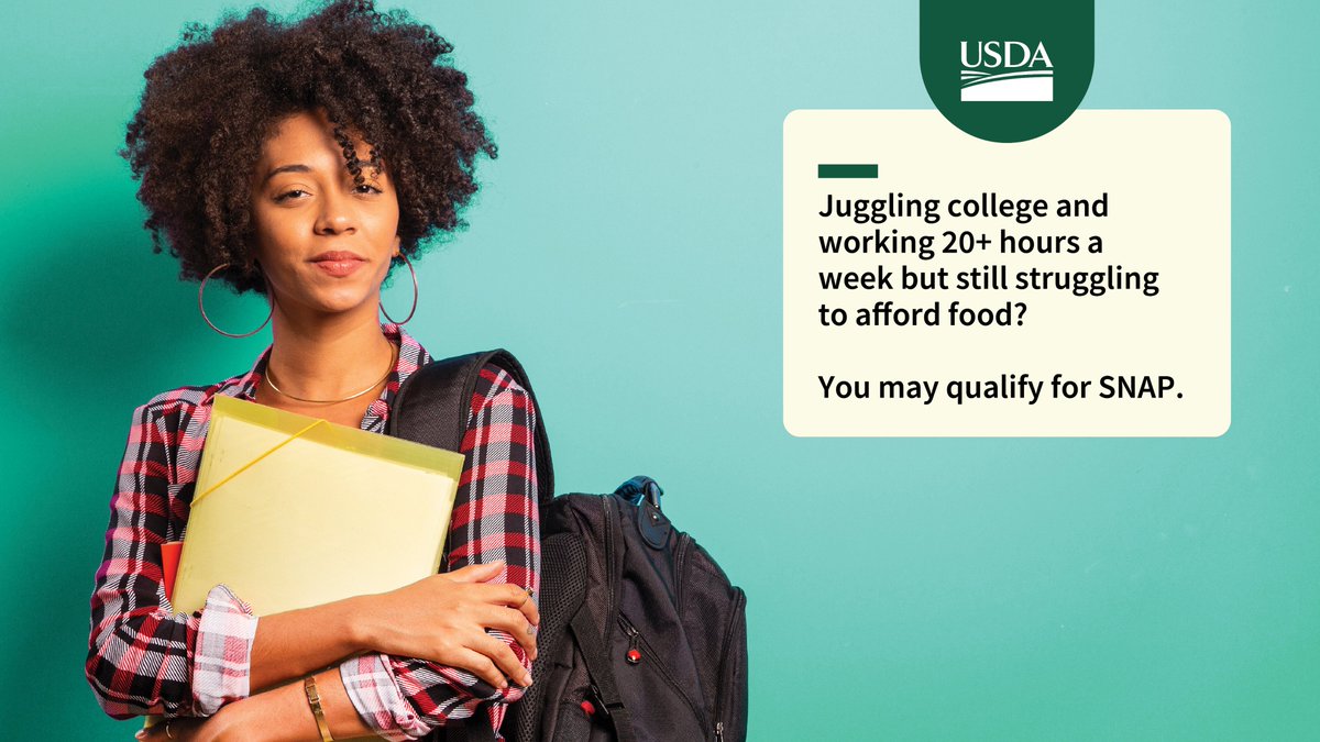 USDA Food and Nutrition Service (@usda_fns) on Twitter photo Juggling work and studies? Many college students work 20+ hours per week, but struggle to afford groceries. You may be one of the 67% of students potentially eligible for SNAP. To learn more, contact your state or local SNAP office: fns.usda.gov/snap/state-dir… Juggling work and studies? Many college students work 20+ hours per week, but struggle to afford groceries. You may be one of the 67% of students potentially eligible for SNAP. To learn more, contact your state or local SNAP office: fns.usda.gov/snap/state-dir…