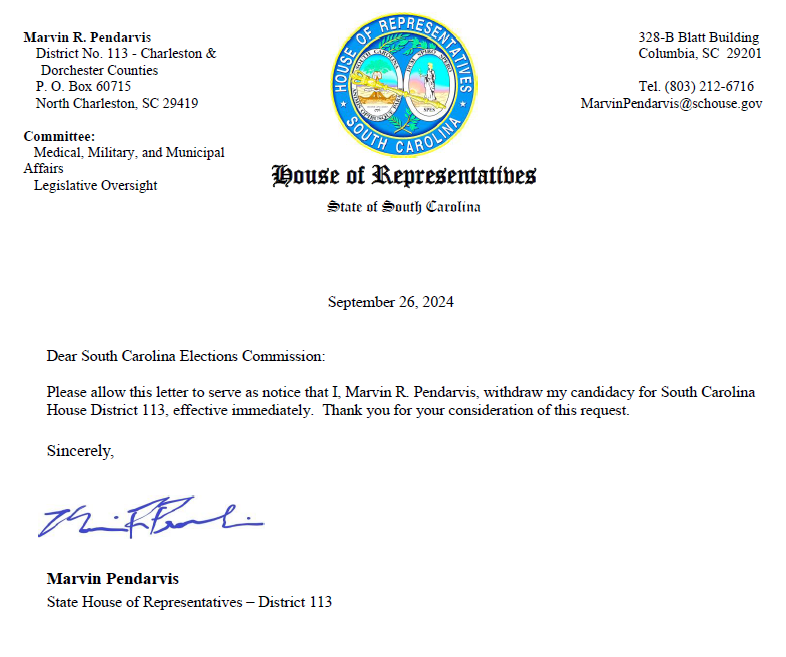 BlairSabolTV's tweet photo. Today the Charleston Co. Board of Elections says it finally received the resignation paperwork of Marvin Pendarvis weeks after he wrote a letter to the house speaker and far too late to remove him from the ballot.

The letter is dated Sept. 26. https://t.co/lm7enN1bte
