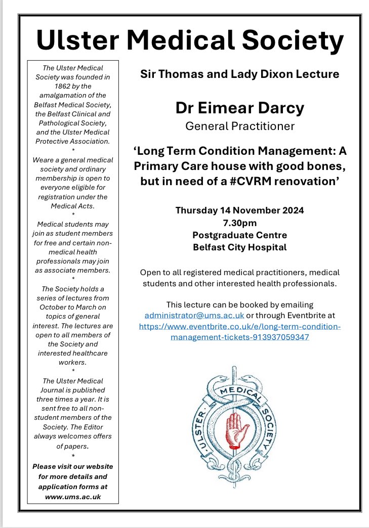Our next evening talk is at 7.30pm Thursday the 14th November at the Belfast City Hospital Postgrad centre and online via eventbrite.co.uk/e/long-term-co… 😀☕️🫖