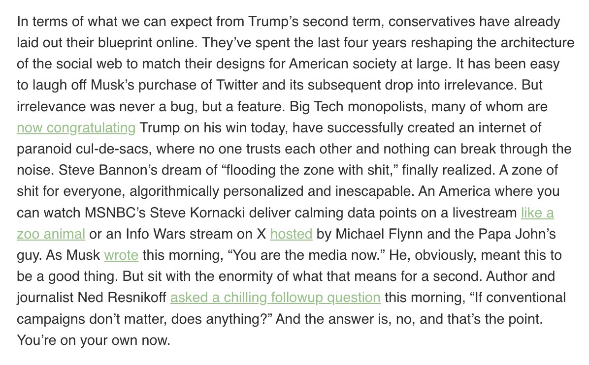 Conservatives have already showed us what's coming. They’ve spent the last four years reshaping the architecture of the social web to match their designs for American society at large.
garbageday.email/p/america-the-…