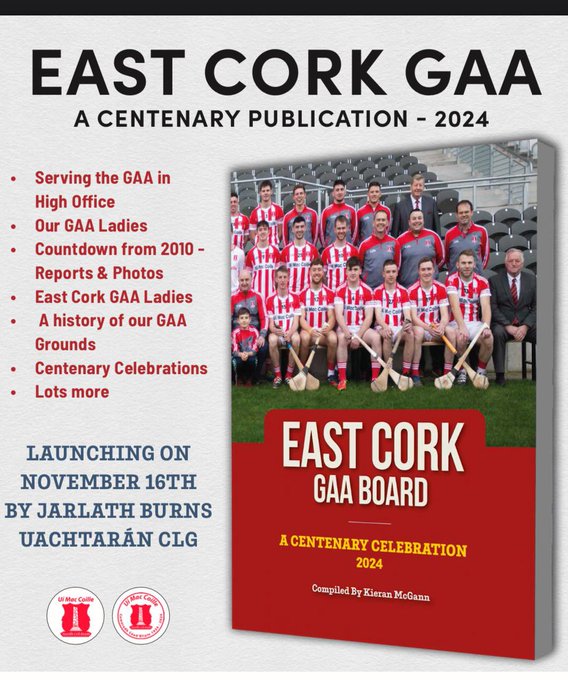 Imokilly GAA celebrated their centenary this year with many events. On Sat Nov 16th at a Gala Function in Garryvoe Hotel, Uachtarán Jarlath Burns will launch the imokilly centenary book, this promises to be a great occasion. Cost of the book is just €40 <a href="/EastCorkGAA/">Imokilly GAA</a>