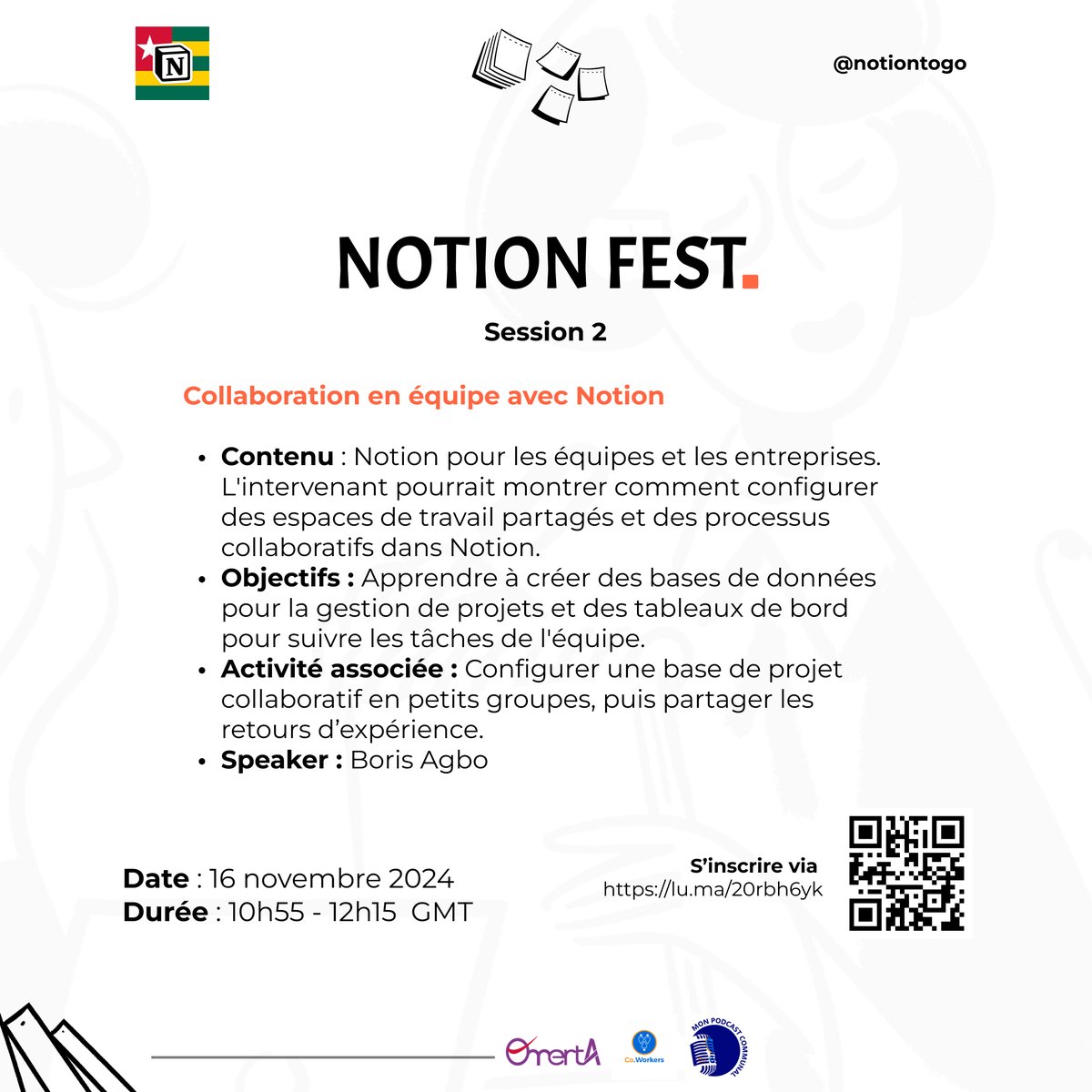 NotionTogo's tweet photo. Spécialiste en Marketing d’influence, Boris Agbo est à cheval entre plusieurs projets avec des équipes variées. Qui de mieux que lui pour nous transmettre ses meilleures pratiques avec #Notion ?
Rendez-vous au 2é atelier via
https://t.co/TIJGIoX6zd
#NotionTogo #NotionFest https://t.co/gP9zX8F6Yu