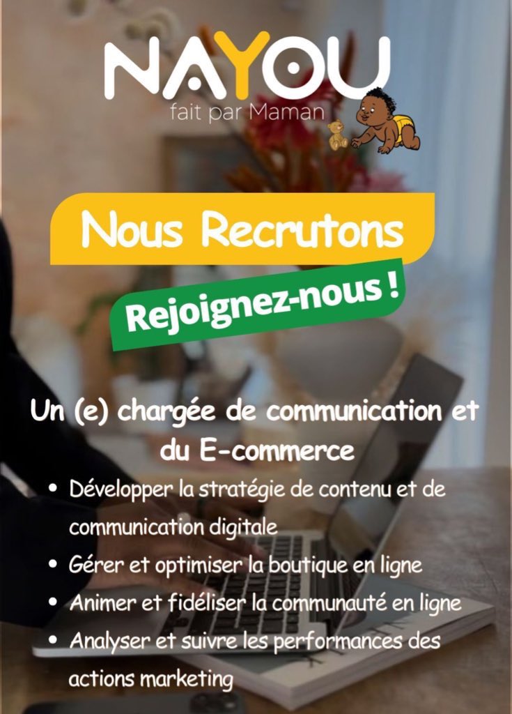 WeAreMADEICI's tweet photo. 📍🇨🇮 Offre d’emploi

La marque de puériculture panafricaine Nayou recrute un.e chargé.e de communication et du e-commerce.

Si vous être créatif et une volonté de faire partie d’une aventure professionnelle et humaine, postulez 👉🏾 contact@nayou.ci https://t.co/DNPETSDGzM