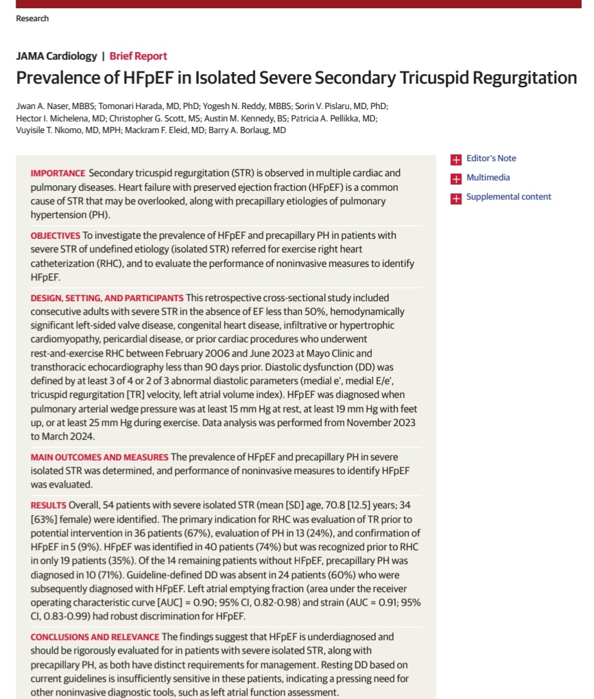 Jwan A. Naser (@jwan_naser) on Twitter photo In this <a href="/JAMACardio/">JAMA Cardiology</a> study examining pts w/ severe isolated #TR undergoing #RHC, we show that 74% pts had #HFpEF, recognized in only half before RHC, and 71% of remaining pts had precapillary PH. Only a minority of pts had truly isolated RA/RV myopathy‼️ jamanetwork.com/journals/jamac… In this <a href="/JAMACardio/">JAMA Cardiology</a> study examining pts w/ severe isolated #TR undergoing #RHC, we show that 74% pts had #HFpEF, recognized in only half before RHC, and 71% of remaining pts had precapillary PH. Only a minority of pts had truly isolated RA/RV myopathy‼️ jamanetwork.com/journals/jamac…