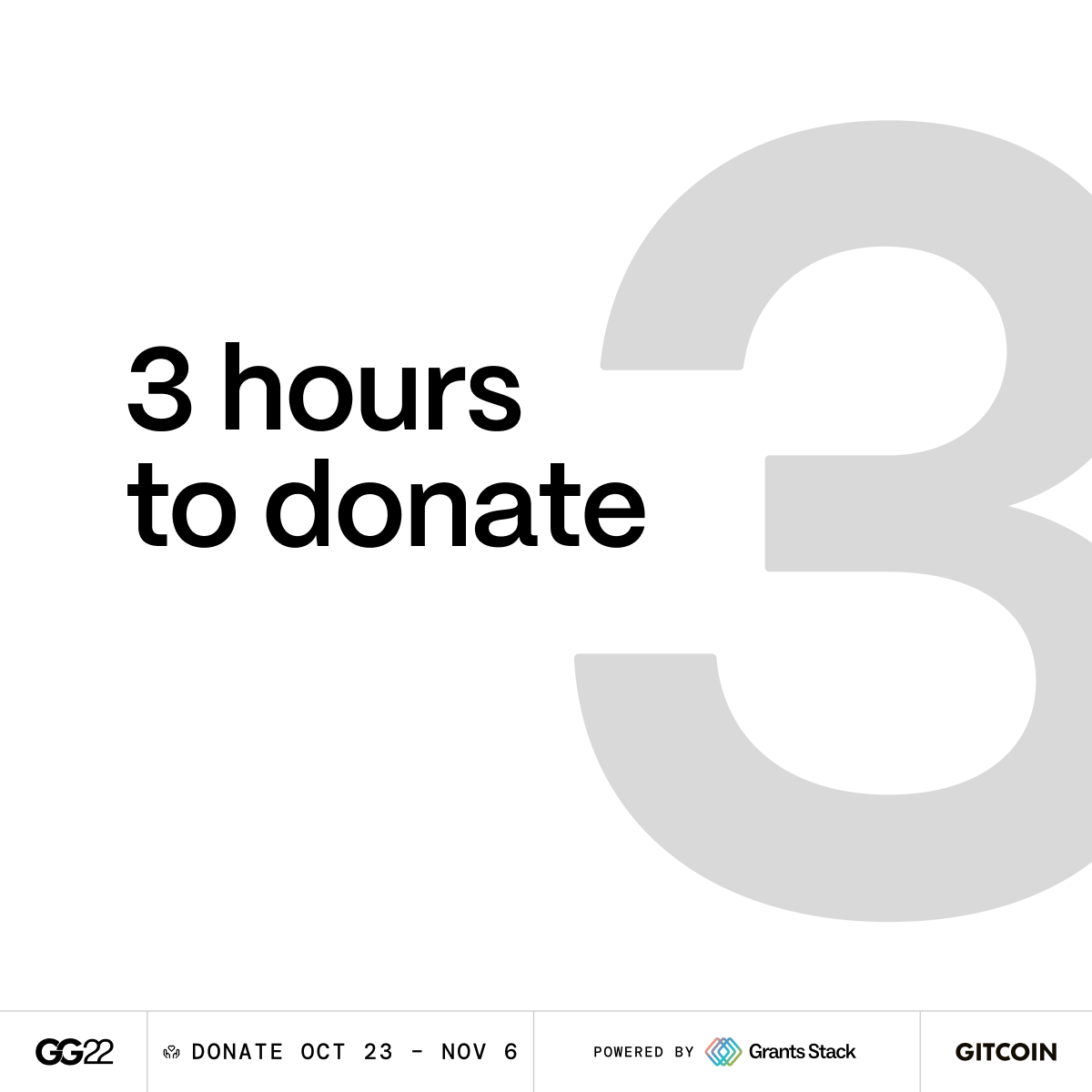gitcoin's tweet photo. 1, 2, 3... just 3 hours left to donate.

Support your favorite projects and help them grow.

Donate 👇
https://t.co/LLCyq0qoJ2 https://t.co/e7LuKYQ1xz