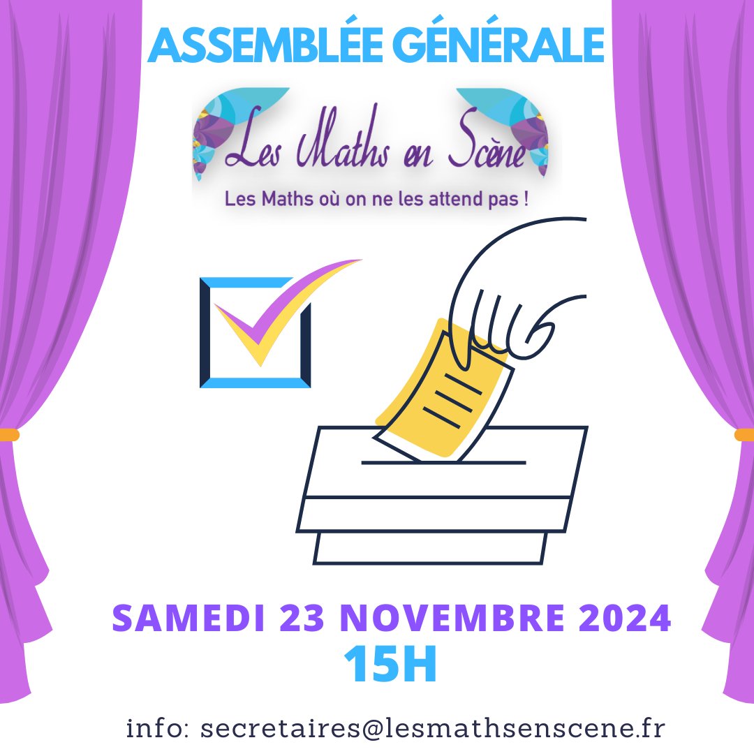 LES MATHS En SCENE #LMES (@lesmathsenscene) on Twitter photo Assemblée Générale ordinaire le samedi 23 novembre 2024 à 15h en Hybride
En présentiel à la maison des associations de Toulouse
En visio, mail secretaires@lesmathsenscene.fr Assemblée Générale ordinaire le samedi 23 novembre 2024 à 15h en Hybride
En présentiel à la maison des associations de Toulouse
En visio, mail secretaires@lesmathsenscene.fr