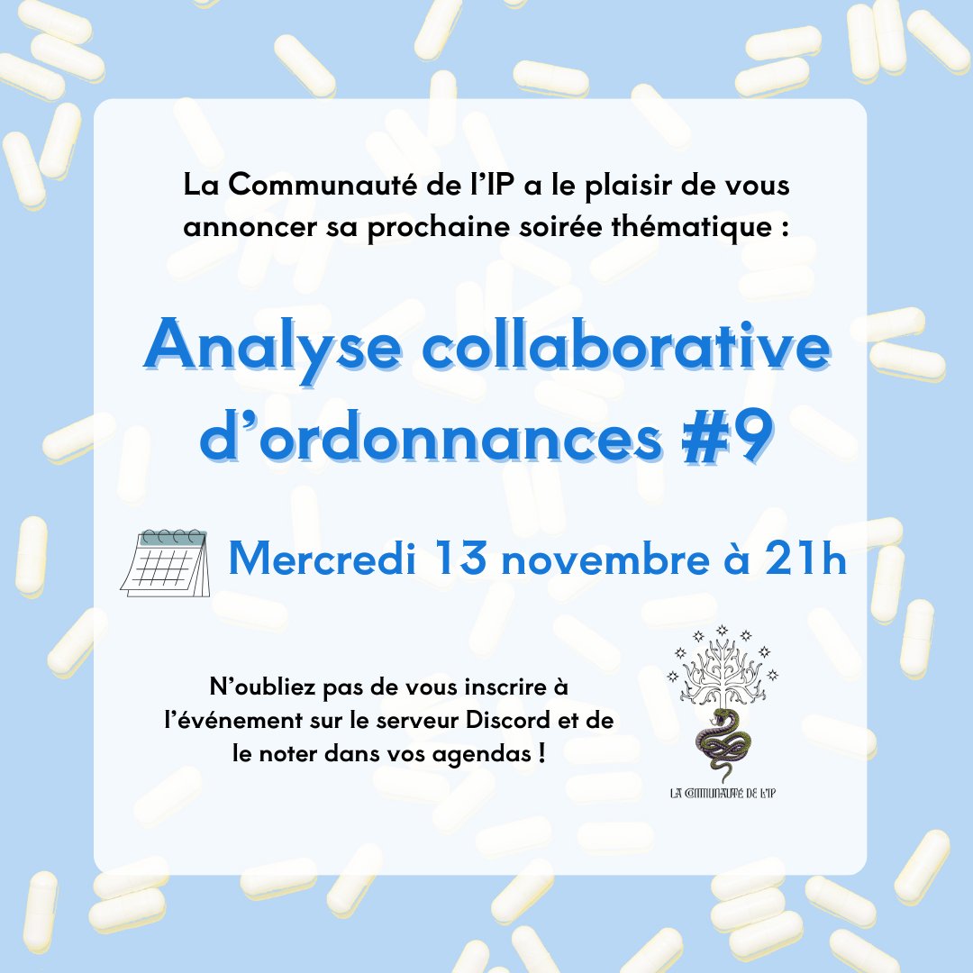 La prochaine soirée collaborative d'analyse d'ordonnances aura lieu

🗓️ Mercredi 13 novembre à 21h

C'est l'occasion de partager notre réflexion sur de vraies ordonnances anonymisées issues de notre base de données et échanger nos sources et référentiels.

A bientôt sur la CIP 👋
