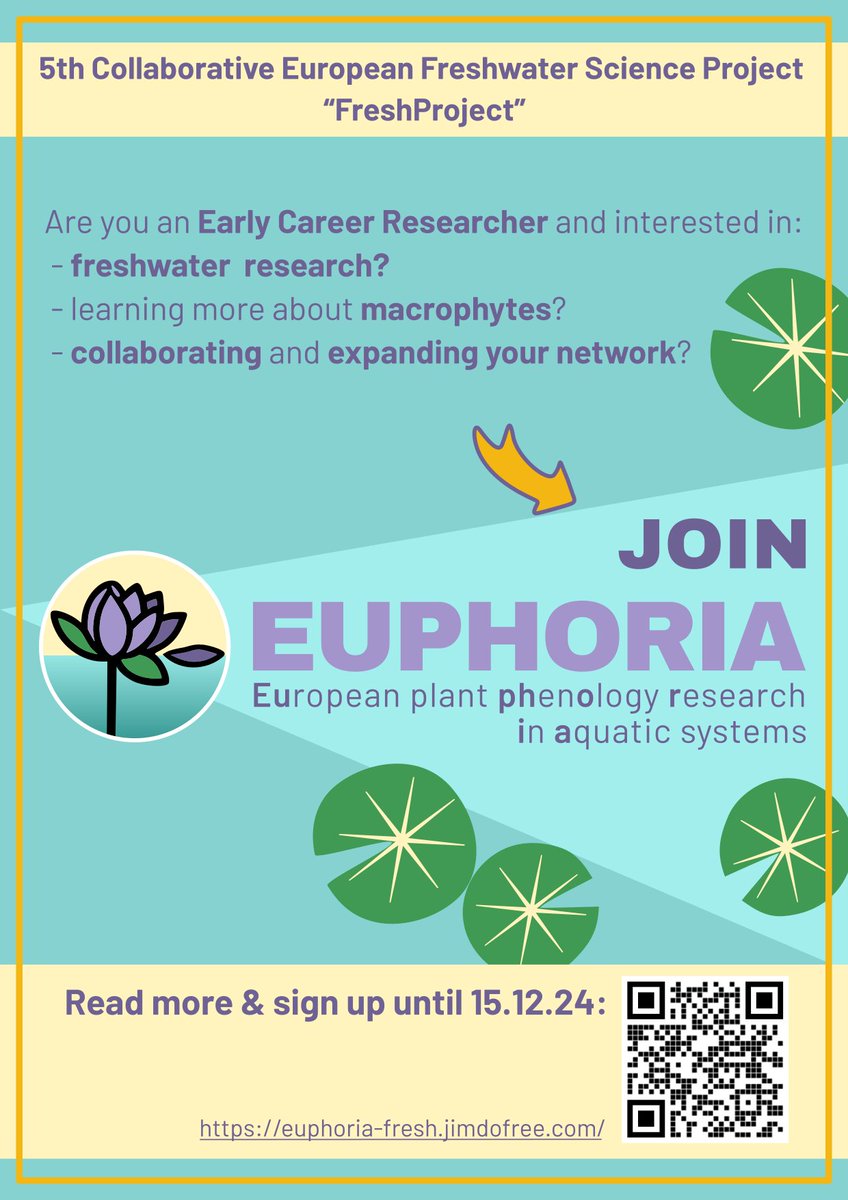🌊 Exciting news! We’re thrilled to launch EUPHORIA - a European-wide Early Career research project to study aquatic plant phenology awarded as the fifth FreshProject initiative, awarded by the European Federation for Freshwater Sciences (EFFS). #EarlyCareerResearchers #Limnology