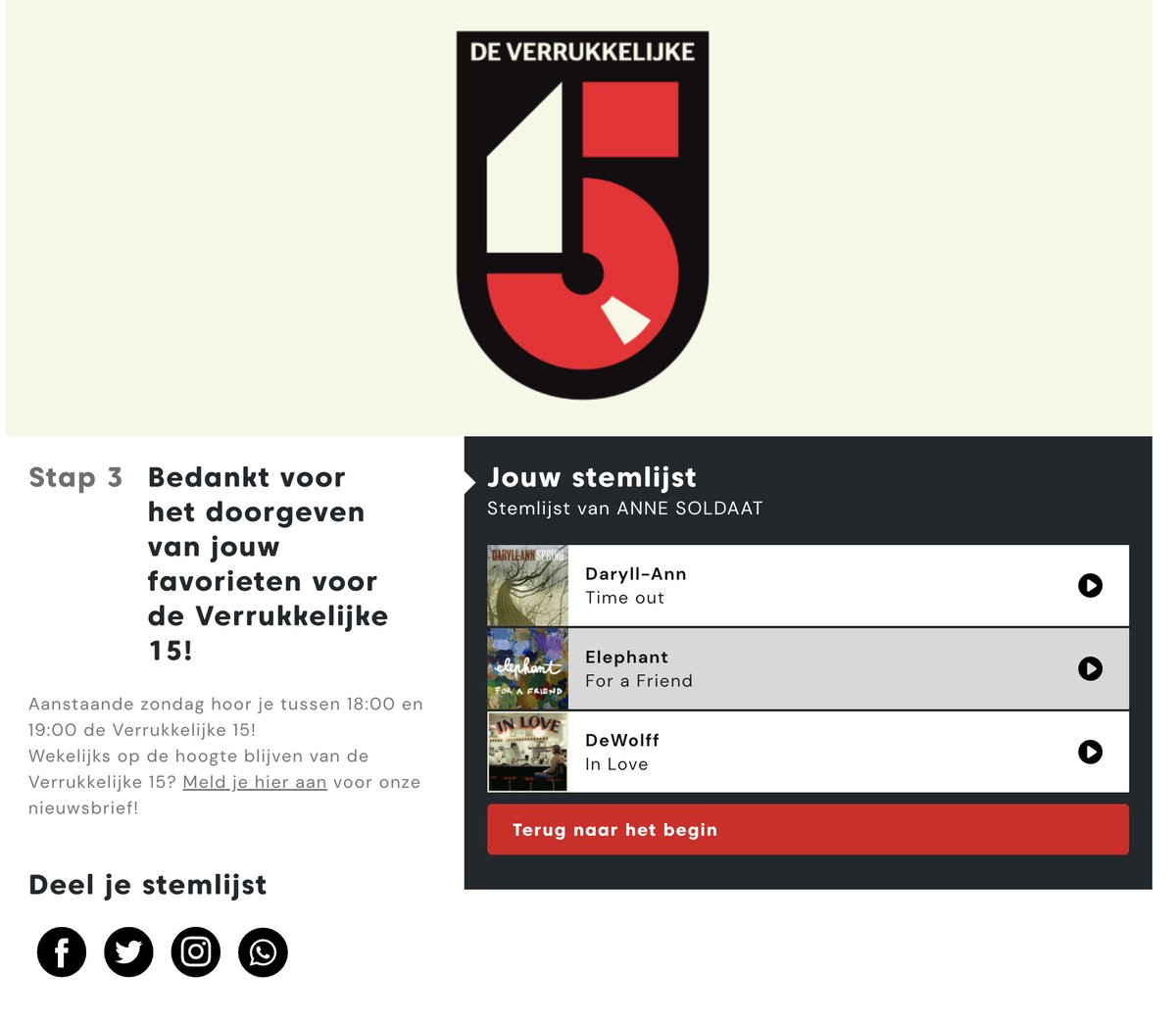 Dit waren onze 3 keuzes uit de Verrukkelijke 15 van deze week. (We kunnen het niet permitteren om níet op onszelf te stemmen..)
Stemt u ook even (op 'Time out' van Daryll-Ann)?
Uitzending is zondag a.s. op <a href="/NPORadio2/">NPO Radio 2</a> 

stem.nporadio2.nl/de-verrukkelij…