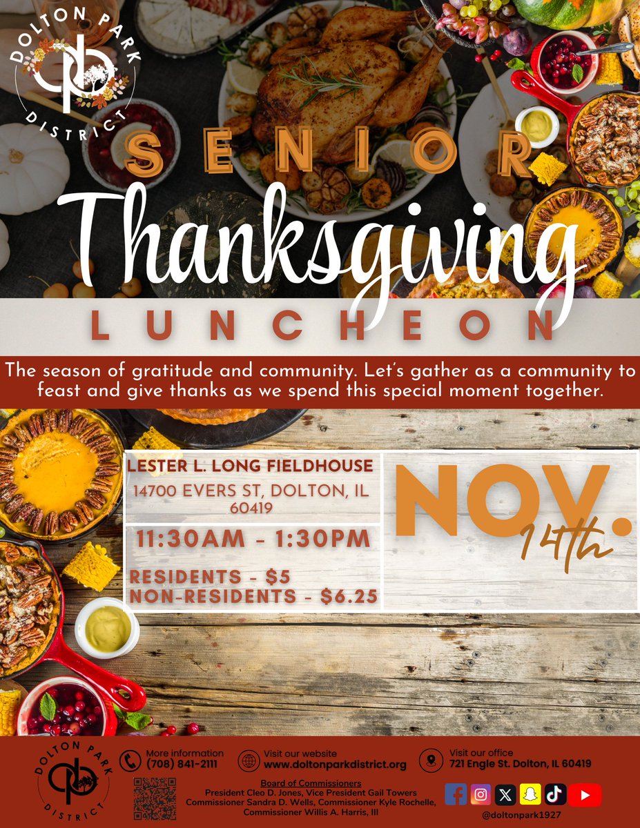 We are excited to announce the return of our Annual Senior Thanksgiving Luncheon, a cherished event that fosters community spirit and connection among local seniors. Join us November 14th at the Lester L. Long Fieldhouse from 11:30a - 1:30p. 
#Thanksgiving #CommunityEngagement