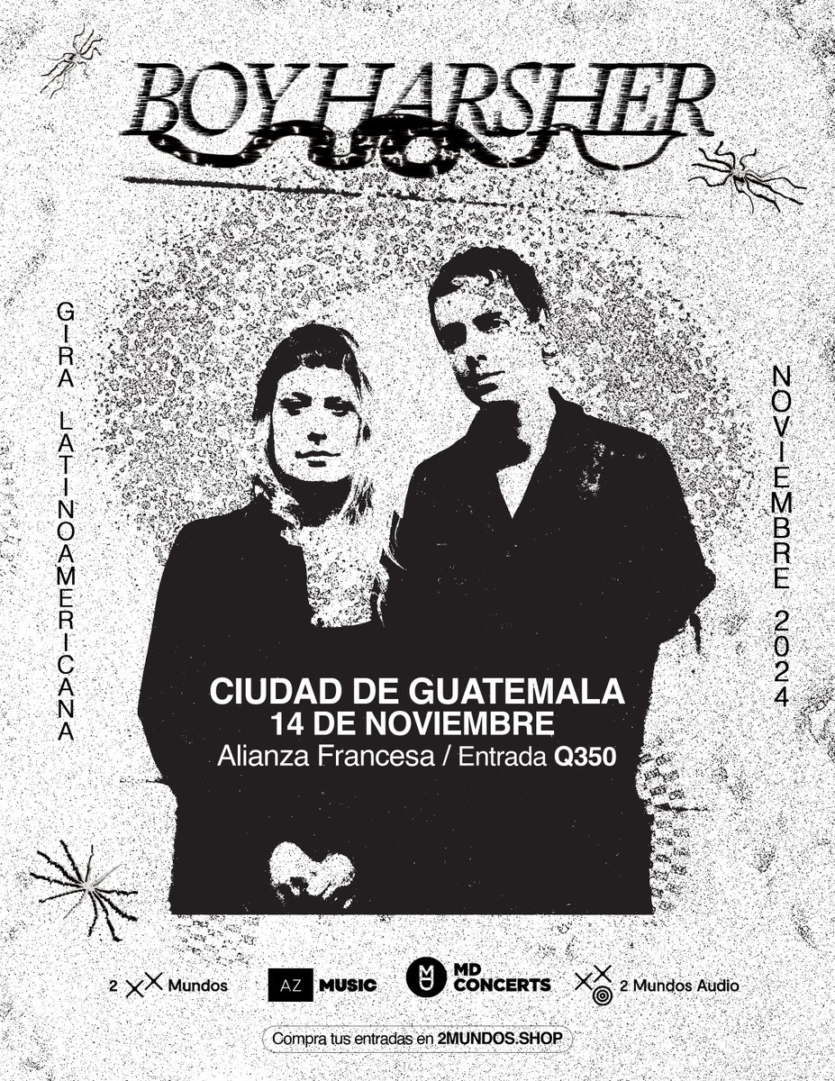¡Estamos listos para Boy Harsher por primera vez en Guatemala! 🔥

Los encargados de comenzar la noche son Onda Siniestra y Nublo preparando el camino para Boy Harsher.

¿A quienes vemos ahí? 👀🖤

Jueves 14 de noviembre
Alianza Francesa 
Tickets en 2mundos.shop