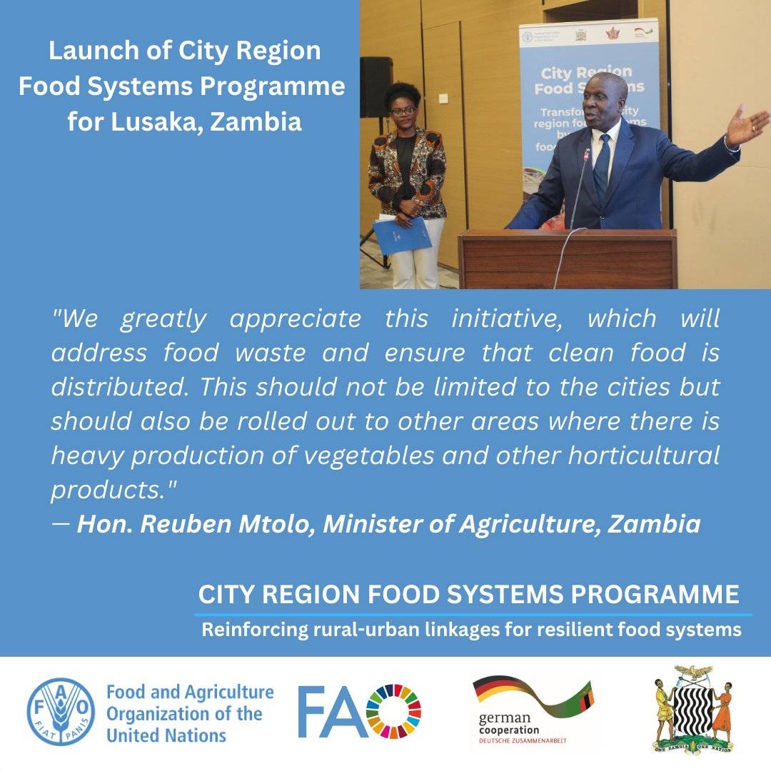 FAOZambia's tweet photo. 👏🇩🇪 Minister of Agriculture, Hon. Reuben Mtolo expresses gratitude to the German Government and @FAO for the #FoodSystems initiative! 🌱🌍 This programme will reduce food waste &amp; ensure clean food is distributed. 🍏✨#FoodSecurity @GermanyinZambia @giz_gmbh @UNZambia @FAOAfrica https://t.co/LUx1ZISS1E