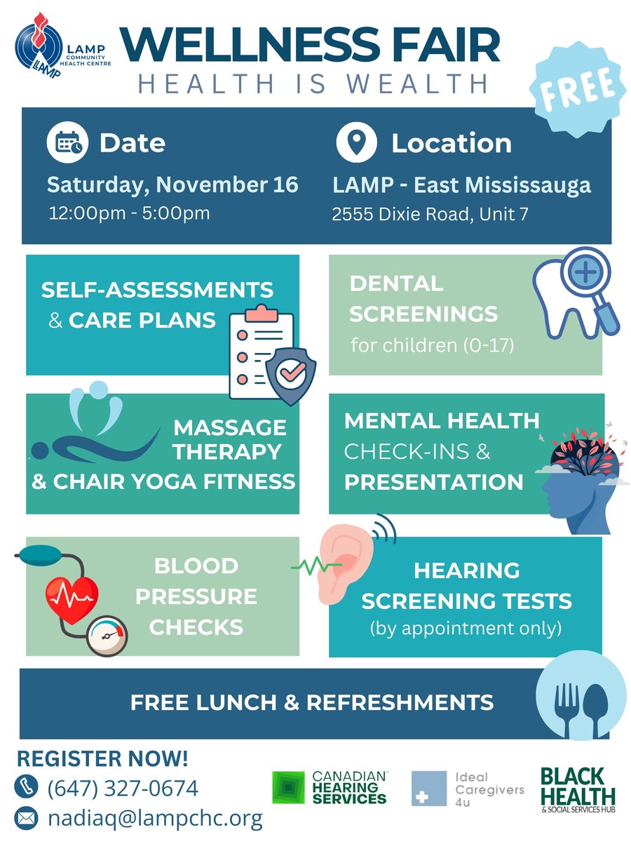 🌿✨ Join us for a day of self-care, health tips, and wellness services to help you thrive. Your well-being starts here!
Date: November 16th, 2024
Time: 12pm-5pm
Location: East Mississauga CHC - 2555 Dixie Rd, Unit 7
Register now:
nadiaq@lampchc.org
647-327-0674