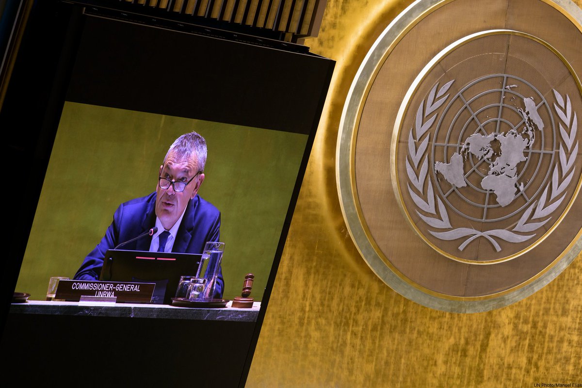 UN's tweet photo. “UNRWA has been a lifeline for the people of Gaza.

It is the only pillar of their lives left standing.”

– @UNLazzarini warns General Assembly that Israeli legislation against @UNRWA will have disastrous consequences for millions of Palestinians.
https://t.co/8cn2SZTk1i https://t.co/VR1WLYOmVq
