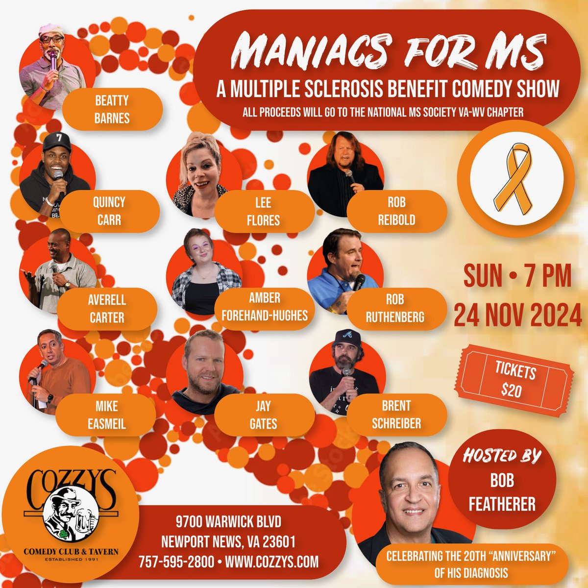 Nov 24th.   10 great comics at Cozzy's Comedy Club for a great cause.  Come out, laugh and have a great time.  Tickets on sale at Cozzys.com $20