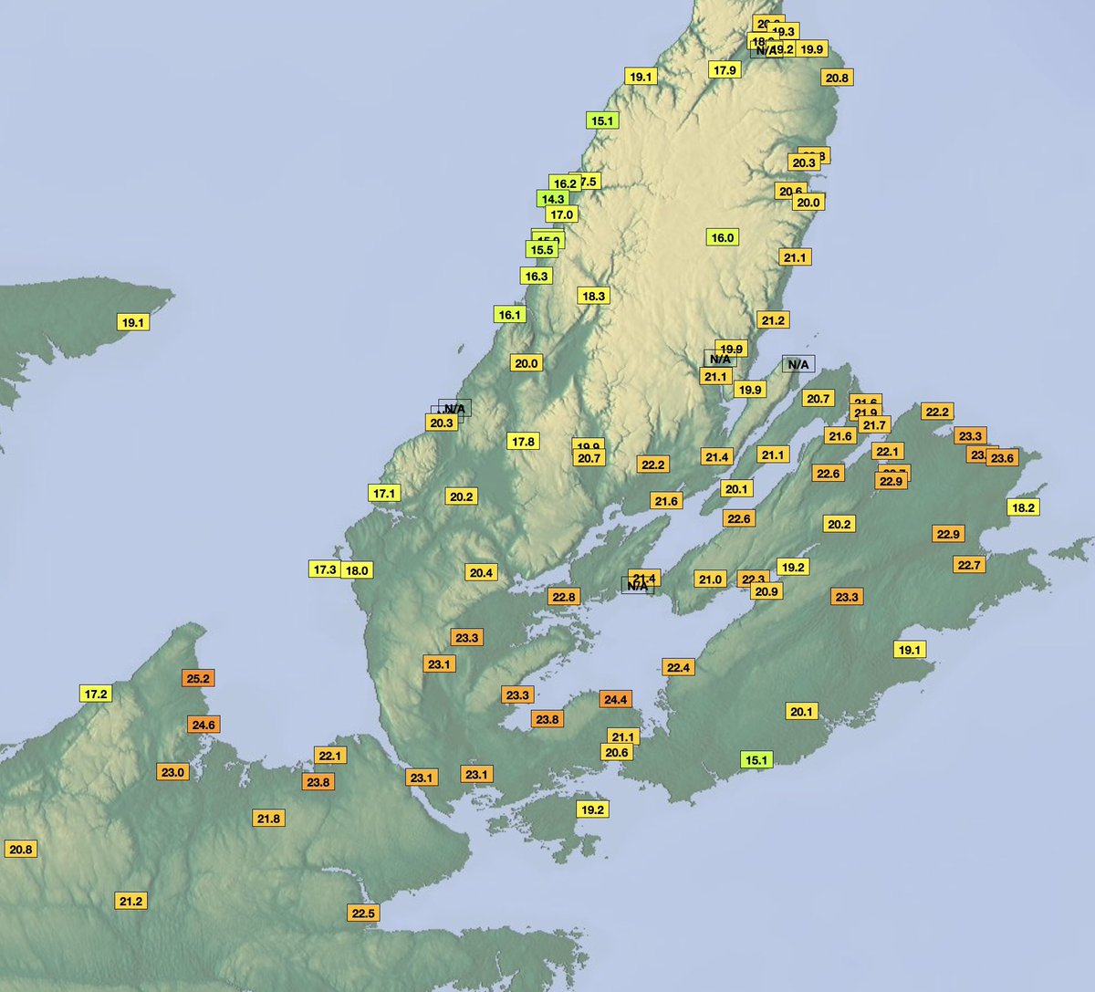 Sydney, Nova Scotia (AQY) set a new all time November temperature record today, reaching 23.0°C. This breaks the old record of 22.8°C (11 Nov 2020). Records began in 1870! #nswx

Northern mainland NS also quite warm. The measonet station at Lakevale (Antigonish County) hit 25.2°C