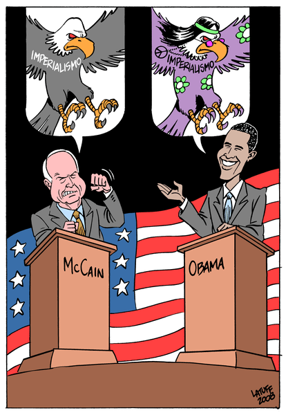 “The difference between a Republican and a Democrat.”

This cartoon was drawn in 2008.