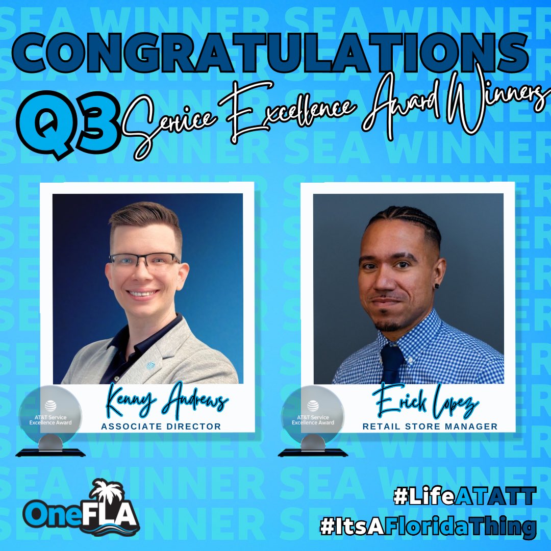 OneFLA (@one_fla) on Twitter photo 🏆 Introducing our #OneFLA Q3 Service Excellence recipients🏆Congrats <a href="/Kenn4theWin/">Kenny Andrews</a> and <a href="/ERICKL_SoFlo/">ERICK LOPEZ</a> !
They have gone above and beyond to deliver exceptional experiences and make a real difference. Join us in congratulating them! #OneFLA 😎🌴#LifeAtATT #ItsAFloridaThing 🏆 Introducing our #OneFLA Q3 Service Excellence recipients🏆Congrats <a href="/Kenn4theWin/">Kenny Andrews</a> and <a href="/ERICKL_SoFlo/">ERICK LOPEZ</a> !
They have gone above and beyond to deliver exceptional experiences and make a real difference. Join us in congratulating them! #OneFLA 😎🌴#LifeAtATT #ItsAFloridaThing