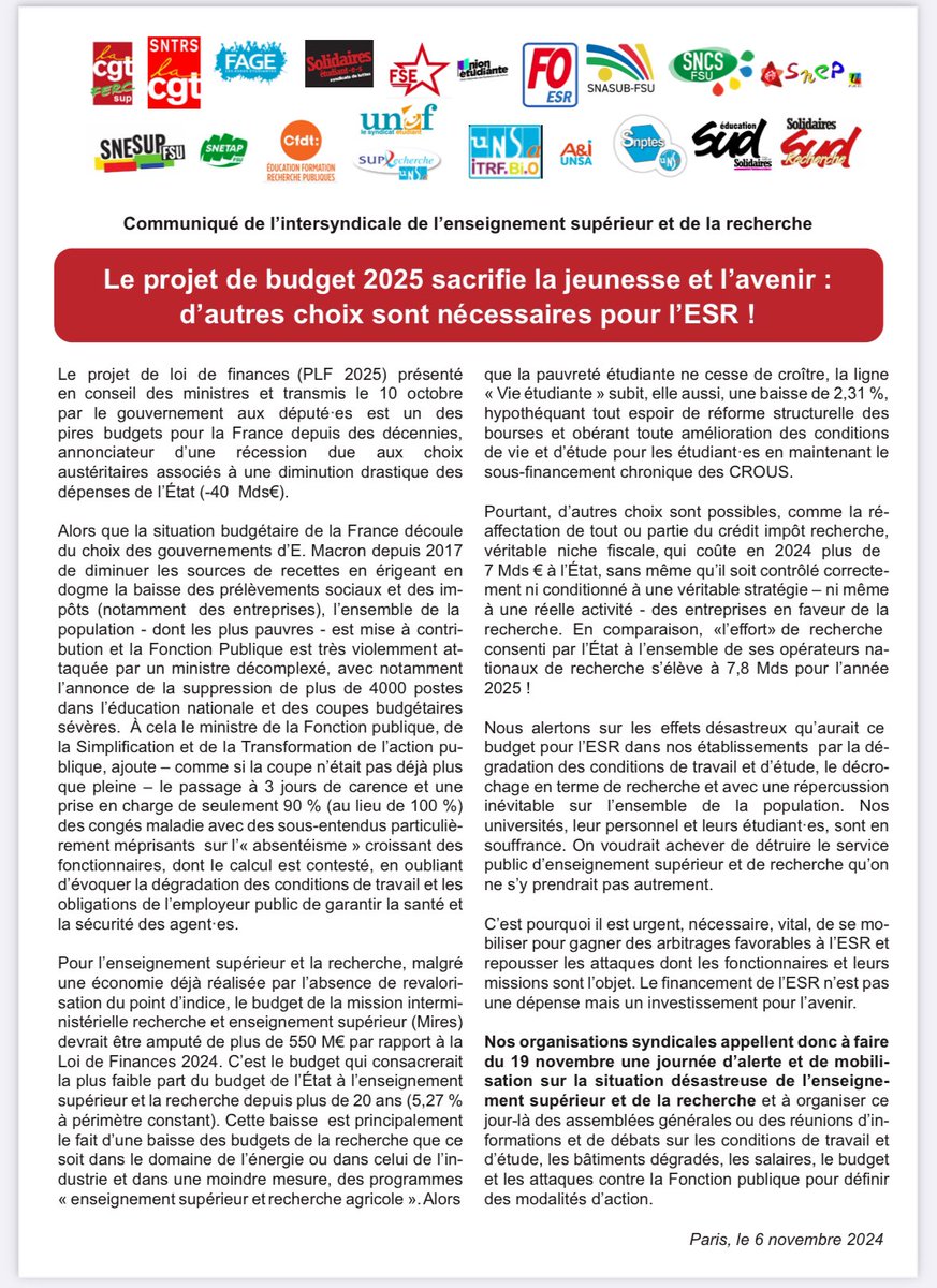 SnesupFsu's tweet photo. Communiqué intersyndical ESR du 6/11/2024 - Le projet #budget2025 sacrifie la jeunesse et l’avenir : d’autres choix sont nécessaires pour l’ESR! 

📢Faisons du #19novembre une journée d’alerte et de mobilisation sur la situation désastreuse de l’ESR ✊

https://t.co/QLFwgYHL0e
⬇️ https://t.co/zDL3k2loBq