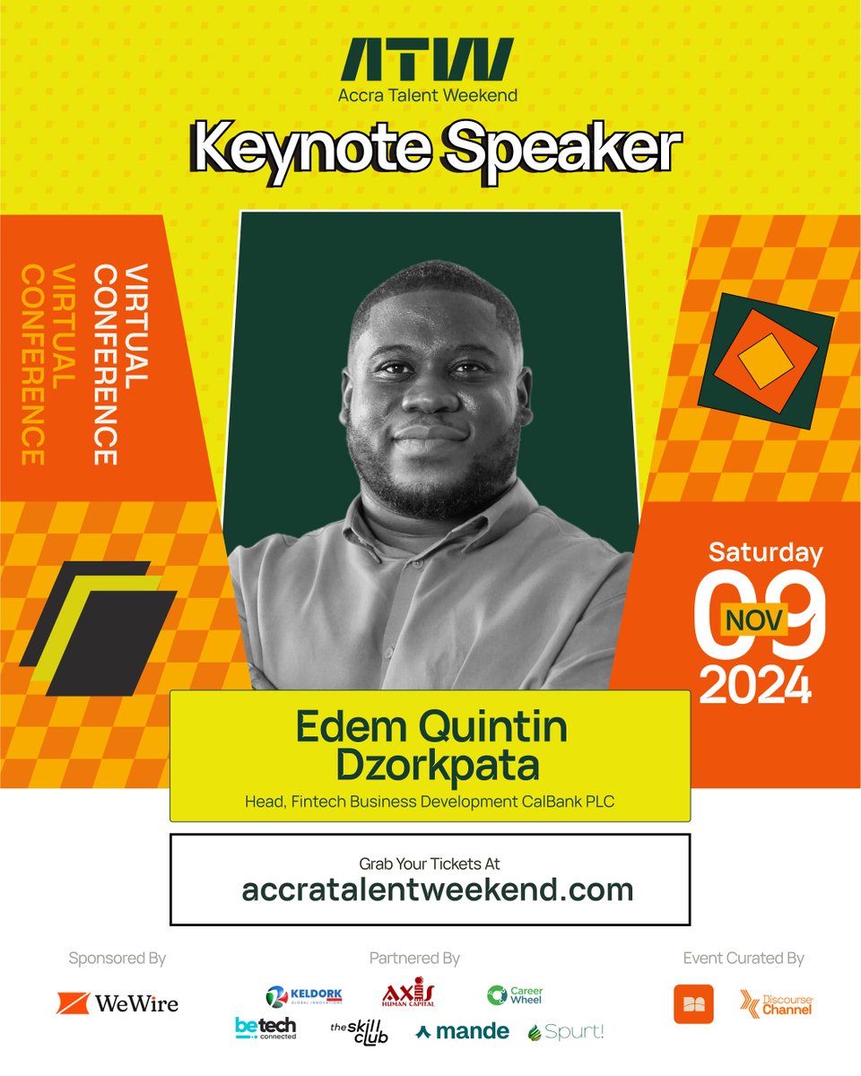 🎉 Big News! 🎉

We’re thrilled to announce <a href="/BraEdem_/">Edem Quintin</a>, Head of Fintech at CALBank, as our keynote speaker for #AccraTalentWeekend! 
Get ready for exclusive insights from a leader in digital finance.

📅 Nov 9  – Don’t miss out!

Register here - accratalentweekend.com

#ATW2024