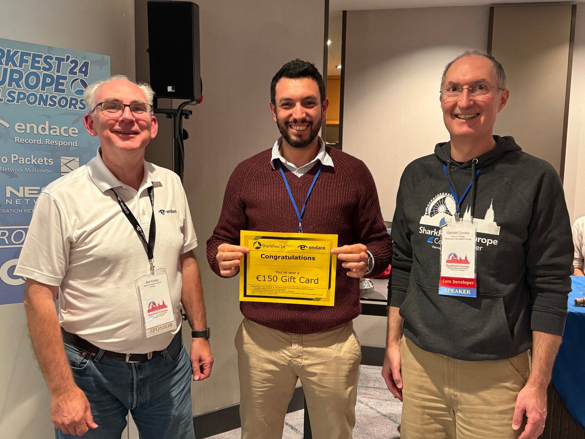 wiresharkfest's tweet photo. Day 1 of #SharkFest'24 EUROPE classes has come to a close! The sponsor showcase &amp; treasure hunt concluded with several winners.

Thank you to @endace, @Profitap, @Allegro_Packets, @ScosSoftware &amp; @neox_networks for sponsoring the event.

#sf24eu https://t.co/lxeMqiCA4E