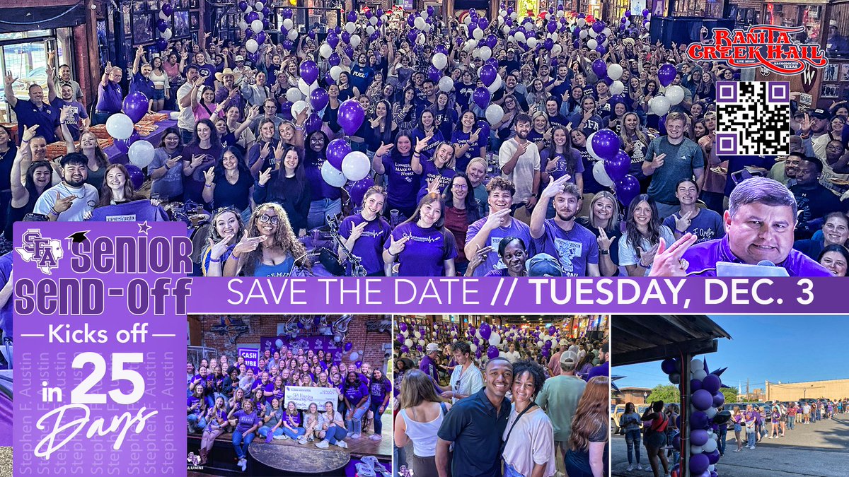 SFA Alumni (@sfa_alumni) on Twitter photo Save the date, 'Jacks!
Our Senior Send-Off event kicks at <a href="/BanitaCrkHall/">Banita Creek Hall</a> at 5:30 p.m. on Tuesday, Dec. 3.
Make plans to join us for free pizza, drinks, and tons of cash giveaways and prizes as we celebrate your accomplishment.
Visit SFAAlumni.com/seniorsendoff for more.
#AxeEm Save the date, 'Jacks!
Our Senior Send-Off event kicks at <a href="/BanitaCrkHall/">Banita Creek Hall</a> at 5:30 p.m. on Tuesday, Dec. 3.
Make plans to join us for free pizza, drinks, and tons of cash giveaways and prizes as we celebrate your accomplishment.
Visit SFAAlumni.com/seniorsendoff for more.
#AxeEm
