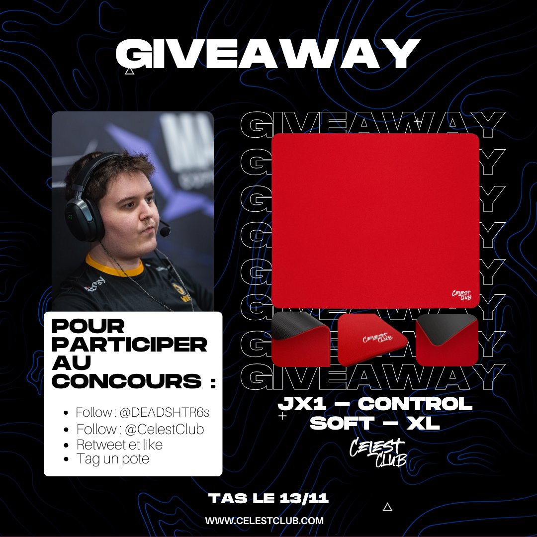 DEADSHT (@deadshtr6s) on Twitter photo 🎁 Giveaway 🎁
🕹️Vous pouvez gagner un "JX1-Control-SOFT-XL" 🕹️
➡️Pour participer :
➡️Follow : <a href="/DEADSHTR6s/">Gen.G DEADSHT</a> & <a href="/CelestClub/">CelestClub</a>
➡️Retweet et like 🔁 + ❤️
➡️Tag un ami
🎀TAS le 13/11 🎁 Giveaway 🎁
🕹️Vous pouvez gagner un "JX1-Control-SOFT-XL" 🕹️
➡️Pour participer :
➡️Follow : <a href="/DEADSHTR6s/">Gen.G DEADSHT</a> & <a href="/CelestClub/">CelestClub</a>
➡️Retweet et like 🔁 + ❤️
➡️Tag un ami
🎀TAS le 13/11