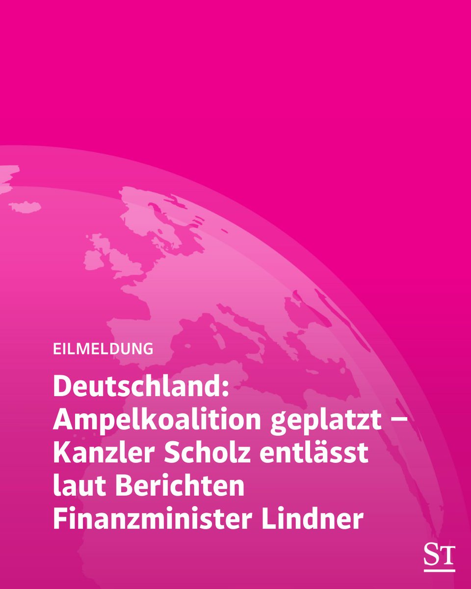 derStandardat's tweet photo. Die #Ampel ist laut Medienberichten gescheitert. Bundeskanzler Olaf #Scholz (SPD) entlasse Finanzminister und FDP-Chef Christian #Lindner, erfuhr die Nachrichtenagentur Reuters am Mittwochabend von zwei Insidern.

Der Artikel wird laufend aktualisiert: https://t.co/RrVnZbDU1k https://t.co/0eE9b36XU9