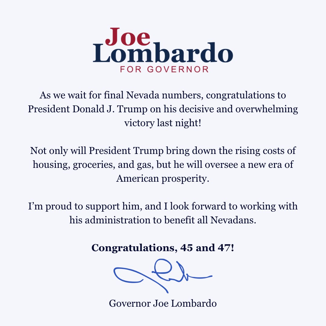 JoeLombardoNV's tweet photo. Congratulations to President Donald J. Trump! https://t.co/r6eegMPqXT
