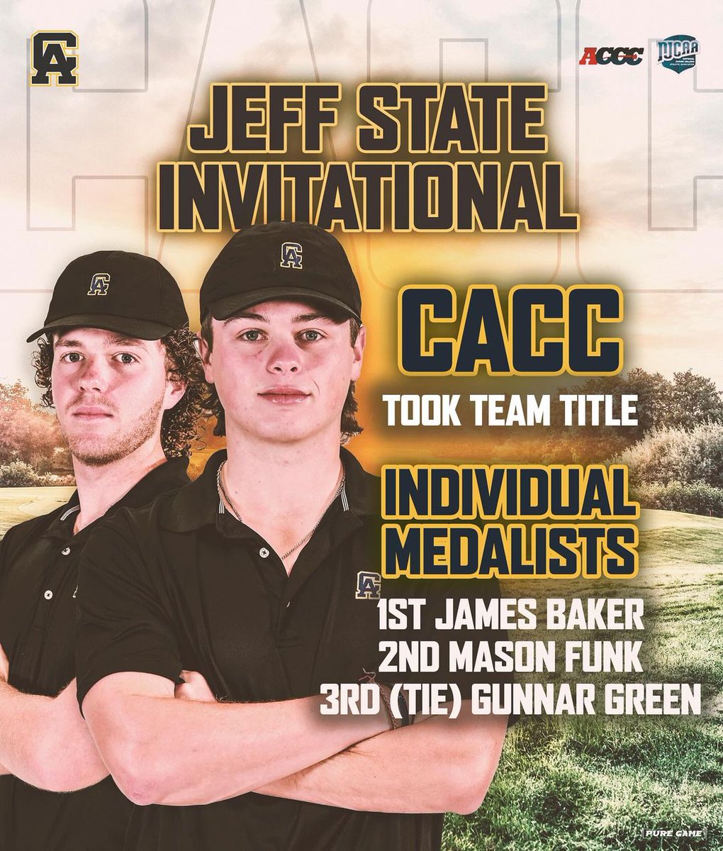 CentralAlabama1's tweet photo. ๐๐๏ธโโ๏ธ CACC Golf Team takes the TEAM TITLE at the Jeff State Invitational! ๐
Big shoutout to our individual medalists:
๐ฅ James Baker - 1st
๐ฅ Mason Funk - 2nd
๐ฅ Gunnar Green - 3rd (Tie)
Proud of our Trojans for their incredible performance! ๐๐
#CACC #Golf #TeamTitle #Trojan https://t.co/CJMdZoUDvD