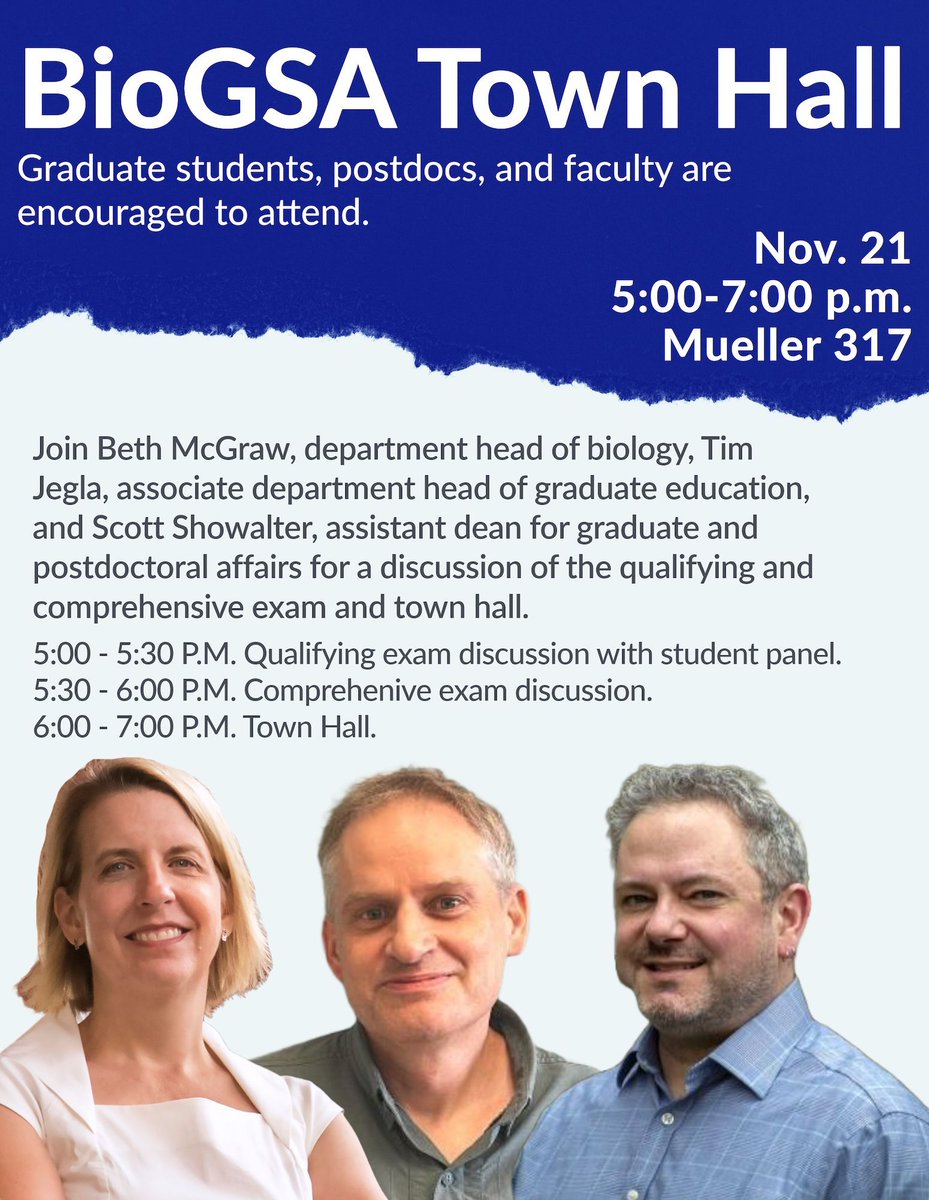 The Biology Graduate Student Association is hosting a town hall! This is a great opportunity to engage in meaningful dialogue with departmental and college-level leadership. Graduate students, postdocs, and faculty are encouraged to attend. Submit here: bit.ly/40yH7ds