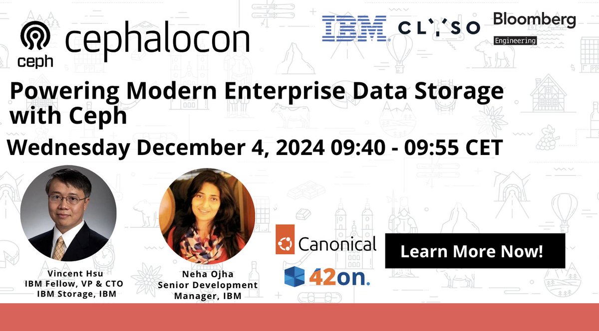 Cephalocon Keynote Sporlight!  "Powering Enterprise Storage with Ceph," featuring Vincent Hsu, &amp; Neha Ojha of@IBM. Hear IBM's vision to accelerate #Ceph adoption in the open source community and drive innovation in enterprise storage. Details: hubs.ly/Q02Xb0lv0