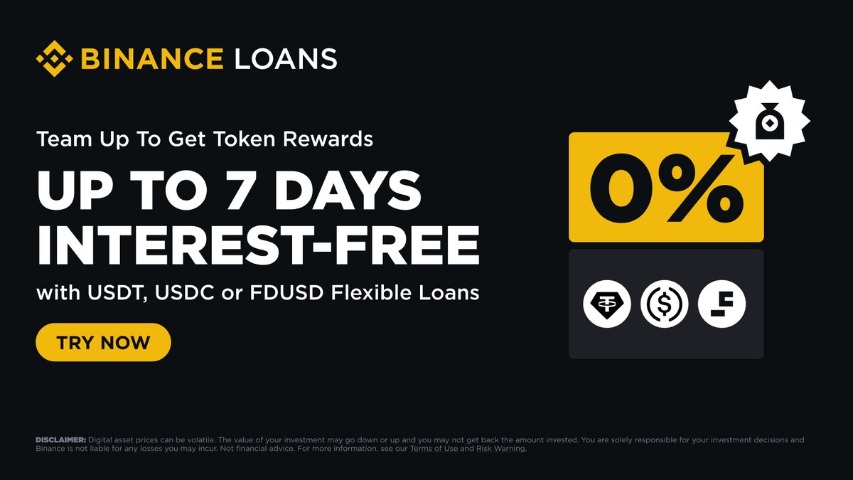 binance's tweet photo. Ride the market wave with #Binance Flexible Loans.

Borrow at least $5K for 25 days and team up with a friend to enjoy 7 days of interest-free borrowing. First come first served.
*T&amp;Cs apply

Don't miss the chance—explore now 👇  https://t.co/pKecVEsKvP https://t.co/pC6e7fJnwL