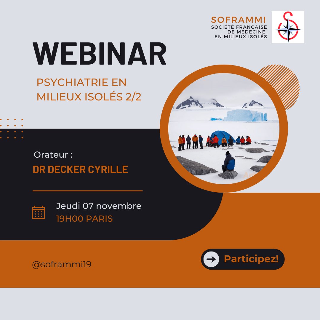 soframmi's tweet image. Dans 24h aura lieu le 4ème webinar de la saison ! 🎙️

📞 En cas de rapatriement long, avec une équipe restreinte et non formée, comment gérer une crise suicidaire ?

⏰ Jeudi 7 novembre, 19h (heure de Paris)

🔗 Lien : us06web.zoom.us/j/81537625844?…

À demain ! 🧭