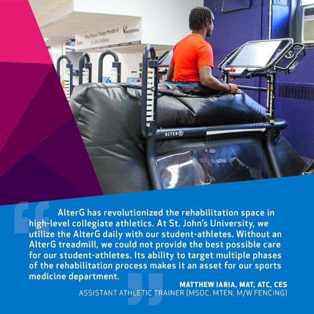 Universities across the nation are trusting AlterG with their top-tier athletes ⛹️‍♀️🏊‍♀️🤽‍♀️ St. John's University is no exception. "AlterG has revolutionized the rehabilitation space in high-level collegiate athletics."  Learn more at alterg.com