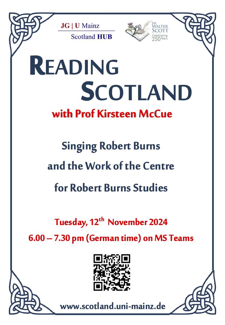 Scotland Hub Mainz (@scothubmainz) on Twitter photo Join next week's session of READING SCOTLAND for Kirsteen McCue's fascinating talk on "Singing Robert Burns". 📚🏴
Join us via tinyurl.com/ReSco-Kirsteen…
<a href="/uni_mainz_event/">Uni Mainz – Veranstaltungen</a> <a href="/ScotGovGermany/">Scottish Government Germany</a> <a href="/scotlit/">Association for Scottish Literature</a> <a href="/UofGlasgow/">University of Glasgow</a> Join next week's session of READING SCOTLAND for Kirsteen McCue's fascinating talk on "Singing Robert Burns". 📚🏴
Join us via tinyurl.com/ReSco-Kirsteen…
<a href="/uni_mainz_event/">Uni Mainz – Veranstaltungen</a> <a href="/ScotGovGermany/">Scottish Government Germany</a> <a href="/scotlit/">Association for Scottish Literature</a> <a href="/UofGlasgow/">University of Glasgow</a>