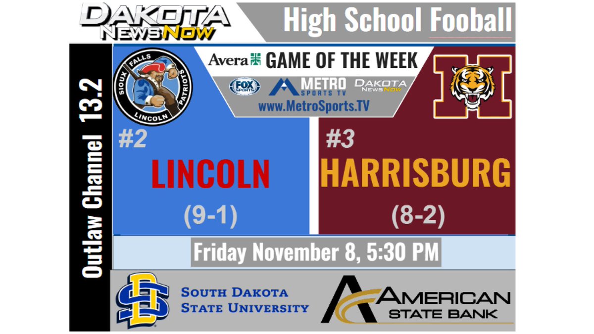 MetroSportsTV (@metrosportstv) on Twitter photo 11AAA Semi-Finals - Friday at 5:30pm
#2 Lincoln vs #3 Harrisburg
<a href="/dakotasportsnow/">Dakota News Now Sports</a> <a href="/dakotanews_now/">Dakota News Now</a> <a href="/KWSNSports/">FOX Sports 98.1 Sioux Falls</a>
<a href="/PatsRevolution/">Lincoln Football</a> <a href="/HHSTigerFBall/">Tiger Football</a>
#sdpreps 11AAA Semi-Finals - Friday at 5:30pm
#2 Lincoln vs #3 Harrisburg
<a href="/dakotasportsnow/">Dakota News Now Sports</a> <a href="/dakotanews_now/">Dakota News Now</a> <a href="/KWSNSports/">FOX Sports 98.1 Sioux Falls</a>
<a href="/PatsRevolution/">Lincoln Football</a> <a href="/HHSTigerFBall/">Tiger Football</a>
#sdpreps