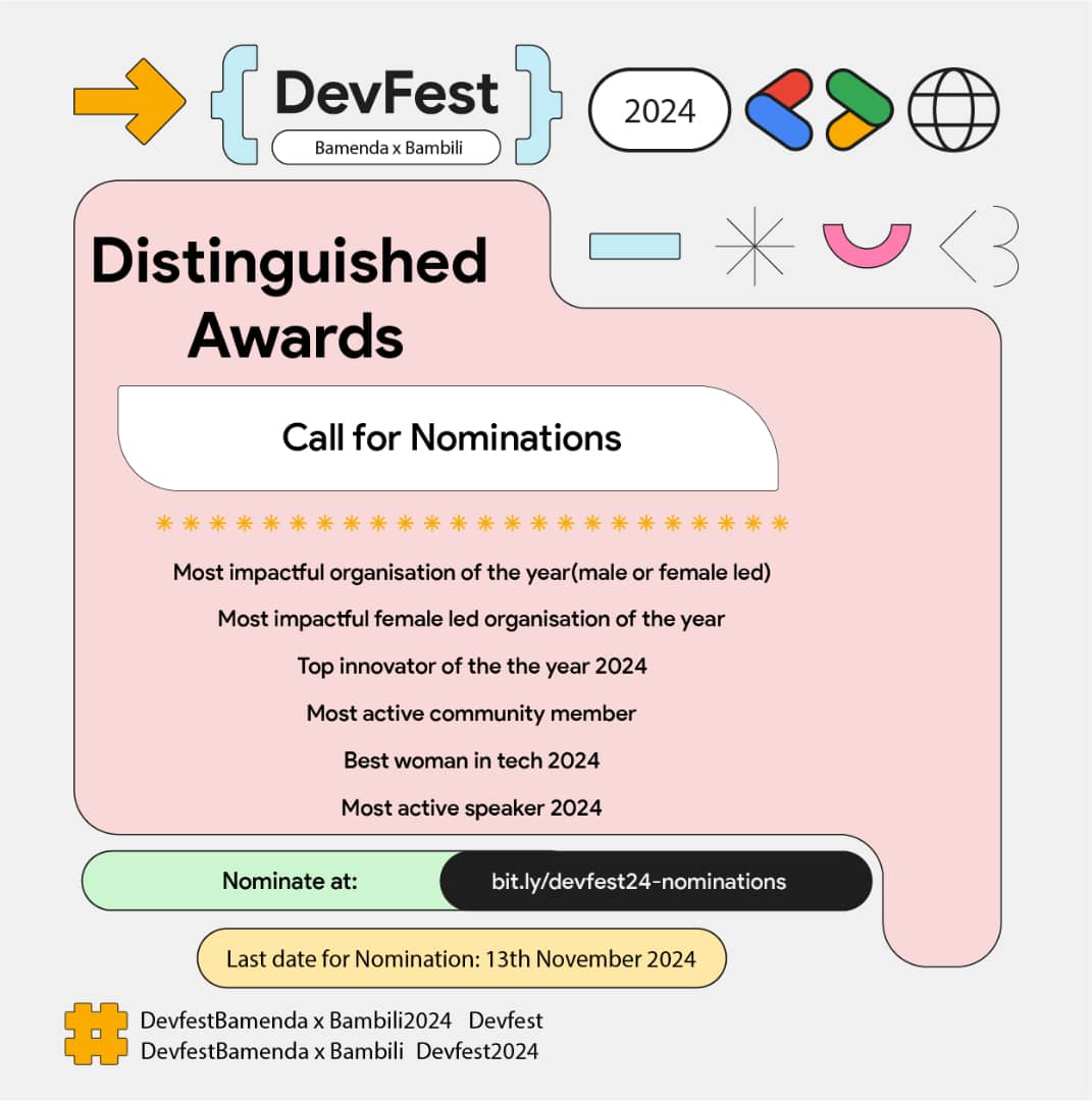 GDGBamenda's tweet photo. Introducing DevFest Bamenda x Bambili Distinguished Awards.

Nominate at  https://t.co/KY60E3iR2Y

Event details:https://t.co/5C3MUx1Kb0

#DevfestBamendaxBambili2024
#DevfestBamendaxBambili
#Devfest2024
#Devfest https://t.co/shVvRibkc6