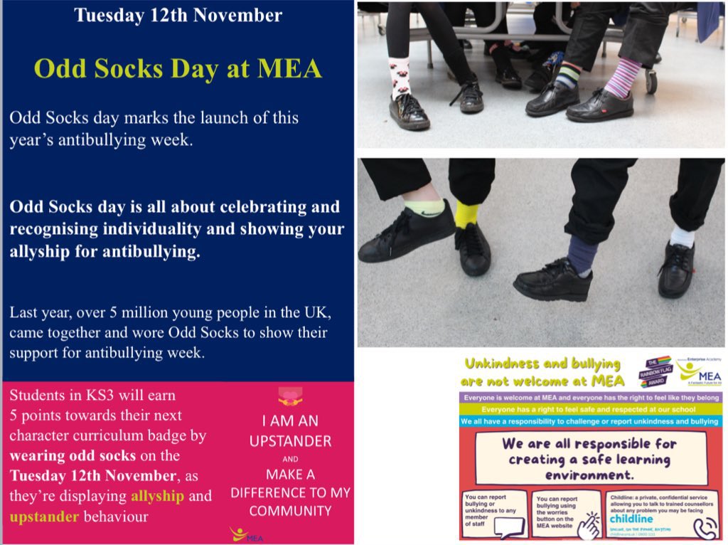 Mr King (@mrking_mea) on Twitter photo Odd Socks Day <a href="/MEAcad/">MEA</a> next week, as we mark the start of #AntiBullyingWeek. This week students have had assemblies on the importance of being an upstander. Our focus on antibullying will continue throughout Autumn 2, as students work toward their next character curriculum badge Odd Socks Day <a href="/MEAcad/">MEA</a> next week, as we mark the start of #AntiBullyingWeek. This week students have had assemblies on the importance of being an upstander. Our focus on antibullying will continue throughout Autumn 2, as students work toward their next character curriculum badge