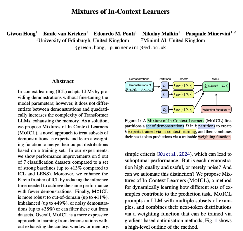 Mixture of In-Context Learners

Uses subsets of demonstrations to train experts via in-context learning. Given a training set, a trainable weighting function is used to combine the experts' next-token predictions.

This approach applies to black-box LLMs since access to the