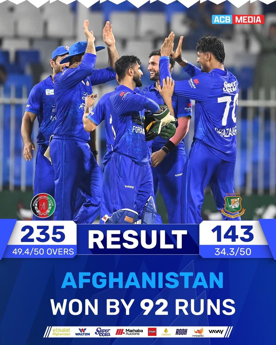 MohammadNabi007's tweet photo. Alhamdulillah, what a fantastic start to the series! 

Proud of the team for their incredible effort and teamwork as we secured a win over Bangladesh in the 1st ODI! This victory is for our fans who always stand by us. your support means everything! https://t.co/WPQkMh5mnq
