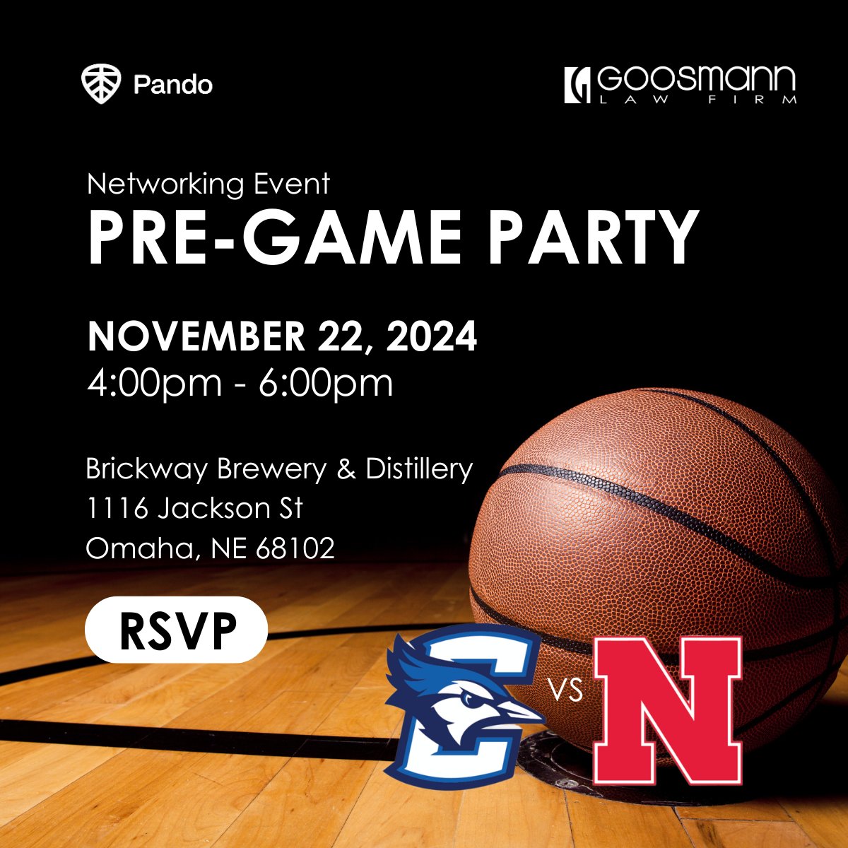 Excited to announce Goosmann Law Firm and Pando PEO are hosting a pre-game networking event at Brickway on 11/22 ahead of the Creighton vs Nebraska Men's Basketball Game! RSVP today and bring a friend!

RSVP Link: hubs.li/Q02X65Ms0