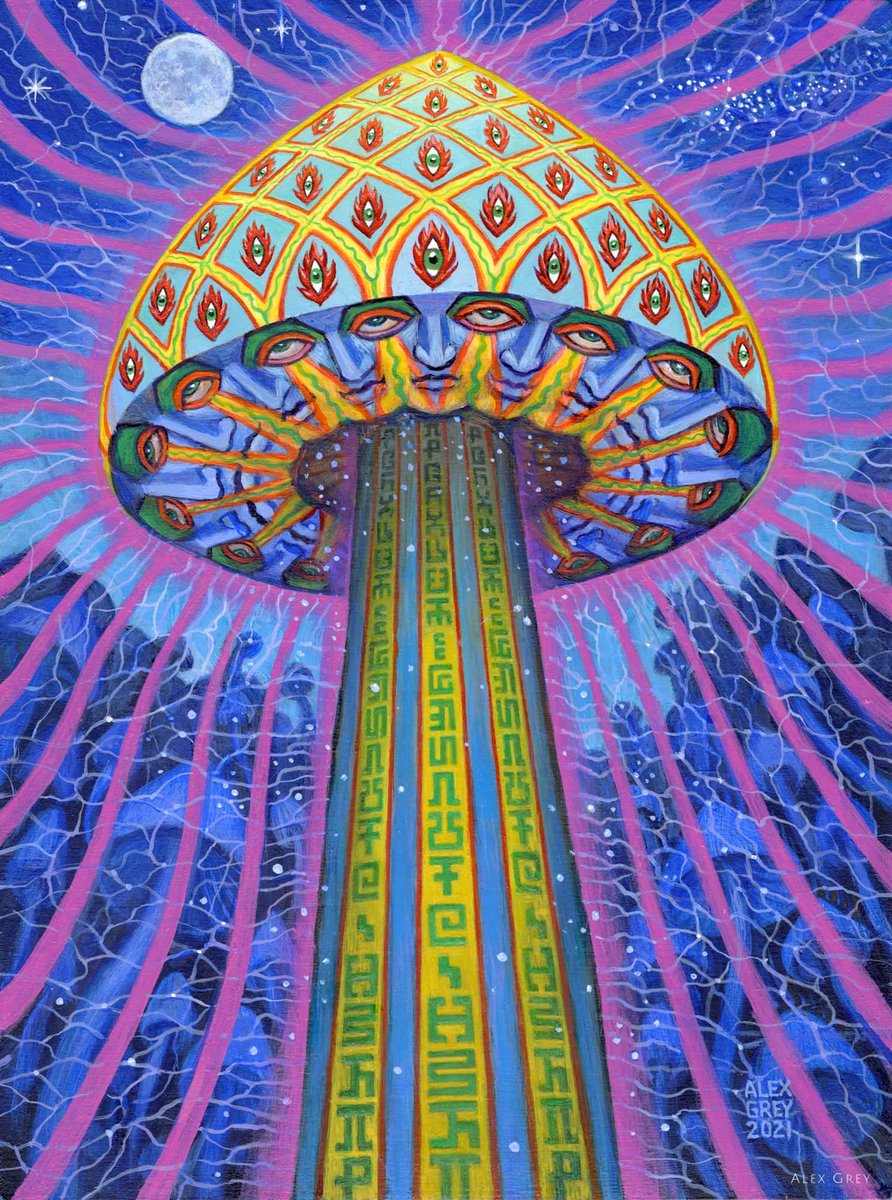 On the blue moon in August, a colorful mushroom-being appeared in my imagination. Interconnected faces shared a visionary cap, like a temple dome, while starry spores dropped. Allyson’s <a href="/allysongreycosm/">Allyson Grey</a> secret writing symbols ascended the stem uttering a blessing both