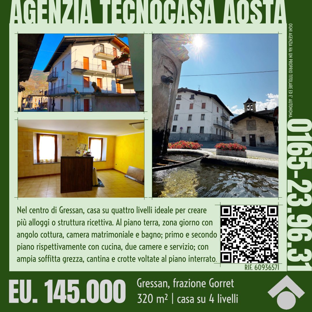 agonic's tweet photo. 🏡 Nel cuore di Gressan, fabbricato su 4 livelli ideale per più appartamenti o struttura ricettiva! 🌄 Zona giorno, cucina, 2 camere per piano + mansarda da personalizzare. Crotte con volte in pietra 🍇 ℹ️ https://t.co/K3EsNL3UfD #Gressan #ValledAosta #immobiliare #Tecnocasa https://t.co/s9zoM67uHL