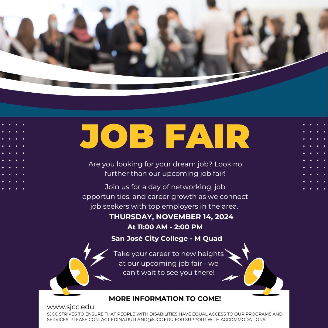 🚀 Ready to take your career to new heights? Join us at the SJCC Job Fair on Thursday, November 14, from 11:00 AM - 2:00 PM at the M Quad! 
🌟 Explore exciting opportunities, meet potential employers, and take the next step toward your dream career. Don’t miss out—see you there!